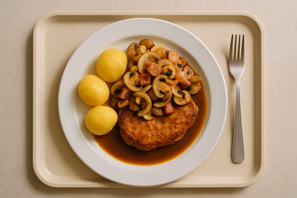 Holzfällersteak mit Speck, Zwiebeln und Champignons mit Bratensoße (AI Generated)