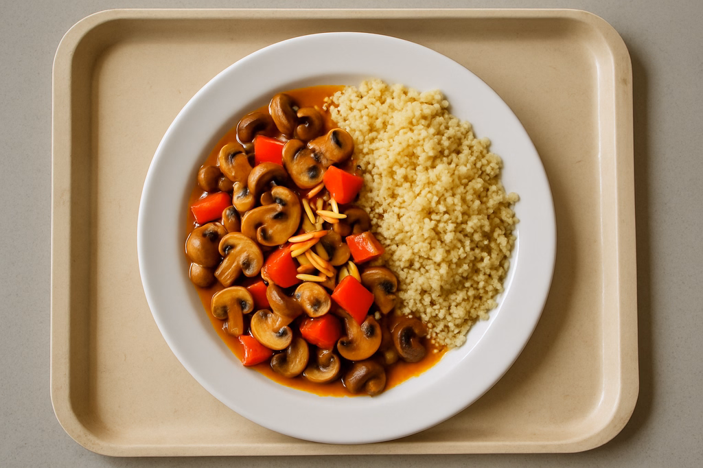 mensaVital: Pilzpfanne mit Paprika und Mandelstiften, dazu Couscous (AI Generated)