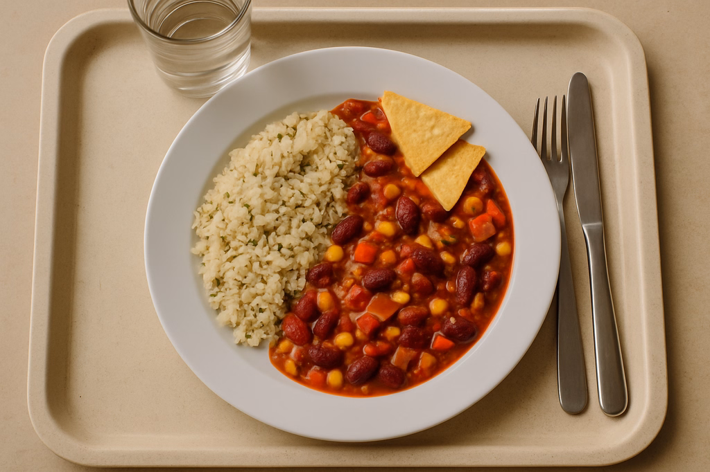 mensaVital: Veganes Soja Gemüse Chili mit Bohnen und Tacos dazu Kräuterreis (AI Generated)