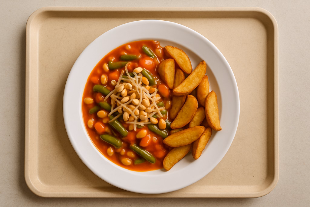 mensaVital: Bohnen - Gemüse - Ragout mit Sojasprossen, Erdnüssen und Wedges (AI Generated)