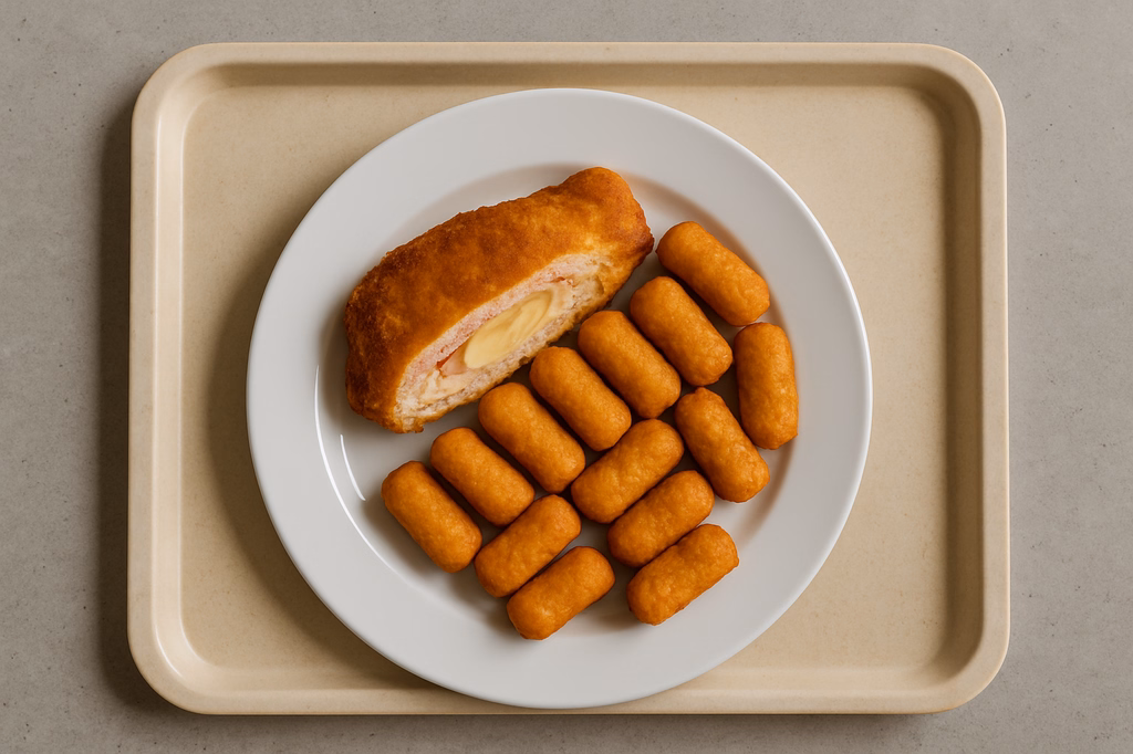 Hähnchen Cordon bleu gefüllt mit Putenschinken & Edamer, dazu Kartoffelkroketten (AI Generated)