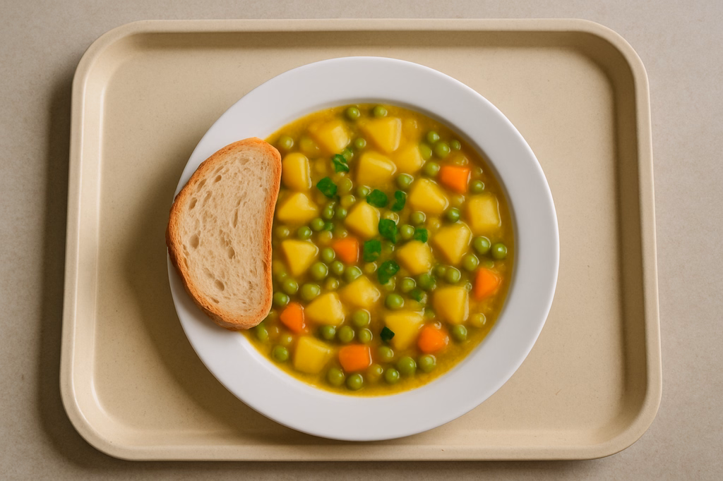 mensaVital: Veganer Kartoffel - Erbseneintopf mit Koriander, Minze und Brot (AI Generated)