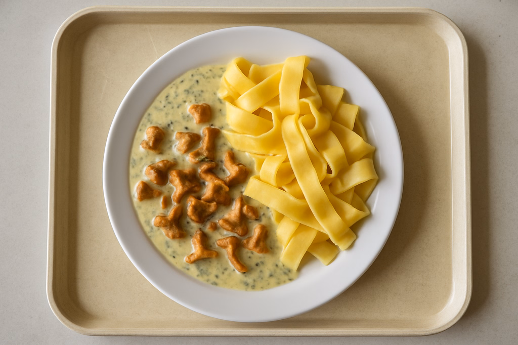 Frische Pfifferlinge in Kräuterrahmsoße, dazu Pappardelle - breite Nudeln mit Ei - (AI Generated)