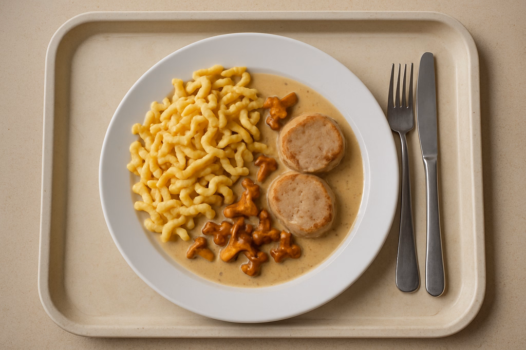 Schweinelendchen mit Rahmsoße von frischen Pfifferlingen & Butterspätzle aus der Pfanne (AI Generated)
