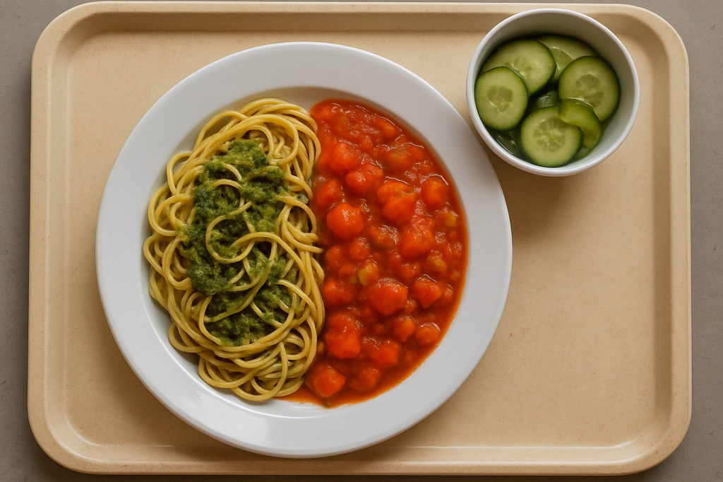 mensaVital: Linguine mit hausgemachtem veganem Rucola Nusspesto, dazu Tomaten Gemüsesugo und Gurkensalat (AI Generated)