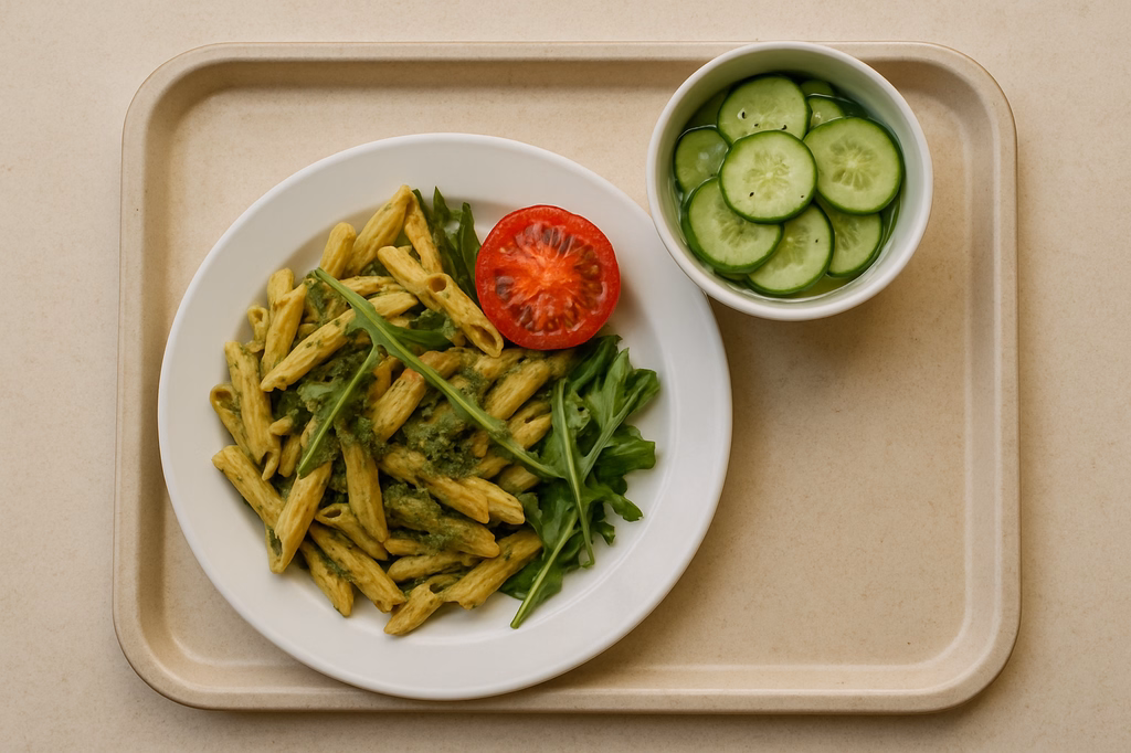 mensaVital: Penne mit Rucola - Nusspesto, Grilltomate und Gurkensalat (AI Generated)