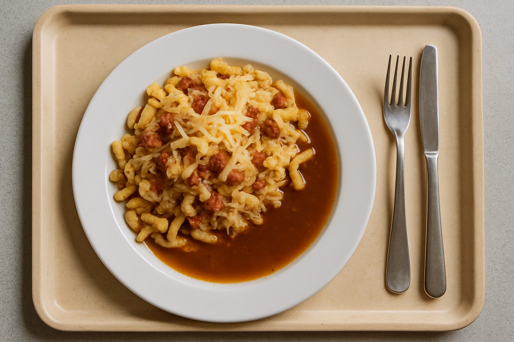 Hüttenspätzle mit Kraut, Speck und Käse und Bratenjus (AI Generated)