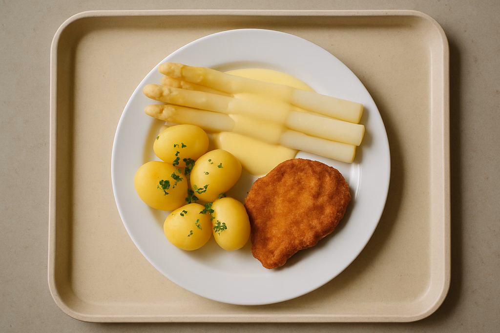 Frischer Spargel vom fränkischen Spargelbauer Salzkartoffeln kleines paniertes Putenschnitzel (AI Generated)