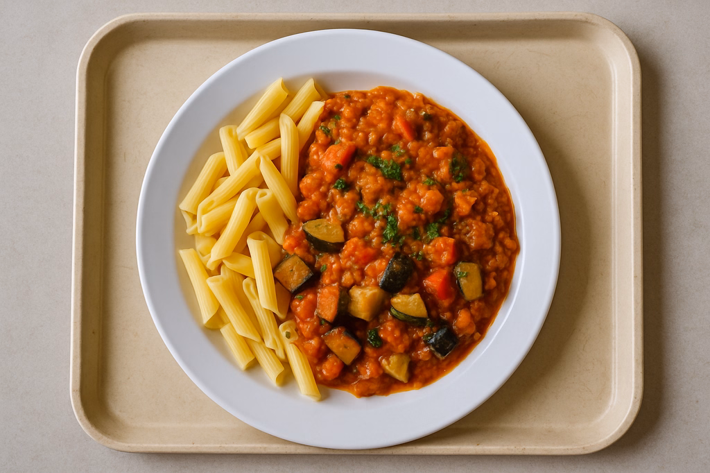 mensaVital: Pasta mit veganem Ragout von roten Linsen, mediterranem Gemüse & Kräutern (AI Generated)