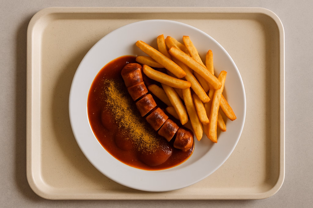 Currywurst vom Grill, dazu Super Crunch Pommes frites (AI Generated)