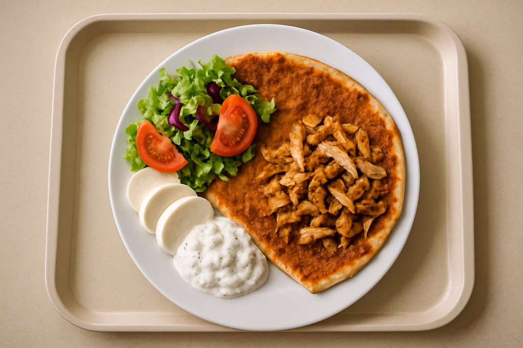 Lahmacun mit Hähnchenkebab, Mozzarella, Salat und mit hausgemachtem Tsatsiki (AI Generated)