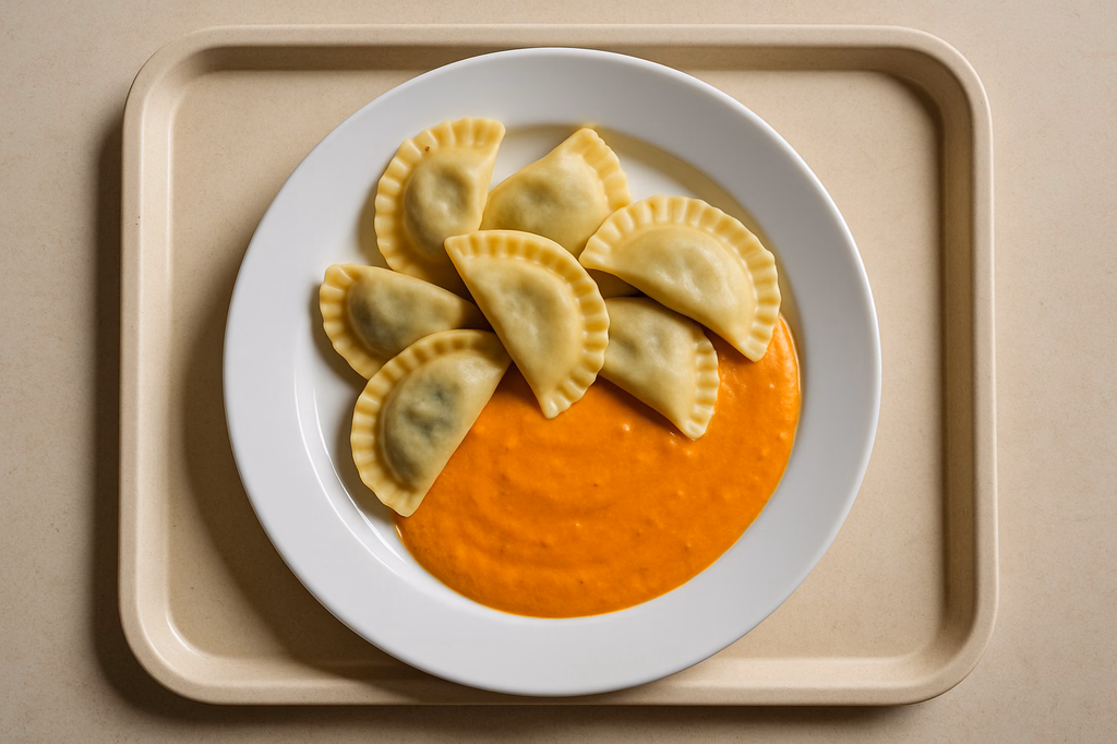 Teigtaschen "Mezzelune Spinaci" mit veganer Karottencremesoße (AI Generated)