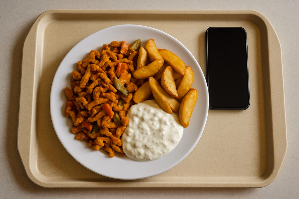 Sojagyros Gemüsepfanne mit hausgemachtem veganem Tsatsiki gebackene Patatas (AI Generated)