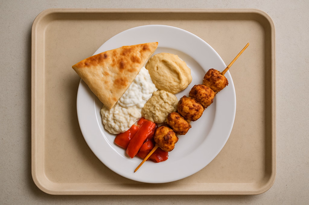 "Hatayli Mezze" Vorspeisenteller mit Hähnchen Kebab, Fladenbrot, Paprika (AI Generated)