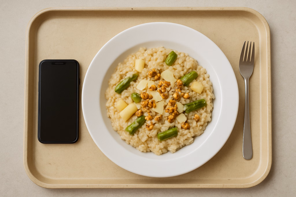 Risotto vom frischem fränkischen weißen & grünen Spargel mit Gran Moravia & Nüssen (AI Generated)
