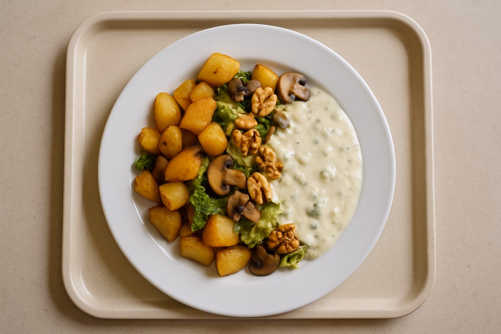 mensaVital: Kartoffelpfanne mit Wirsing, Pilzen, Walnüssen und Gorgonzolasoße (AI Generated)