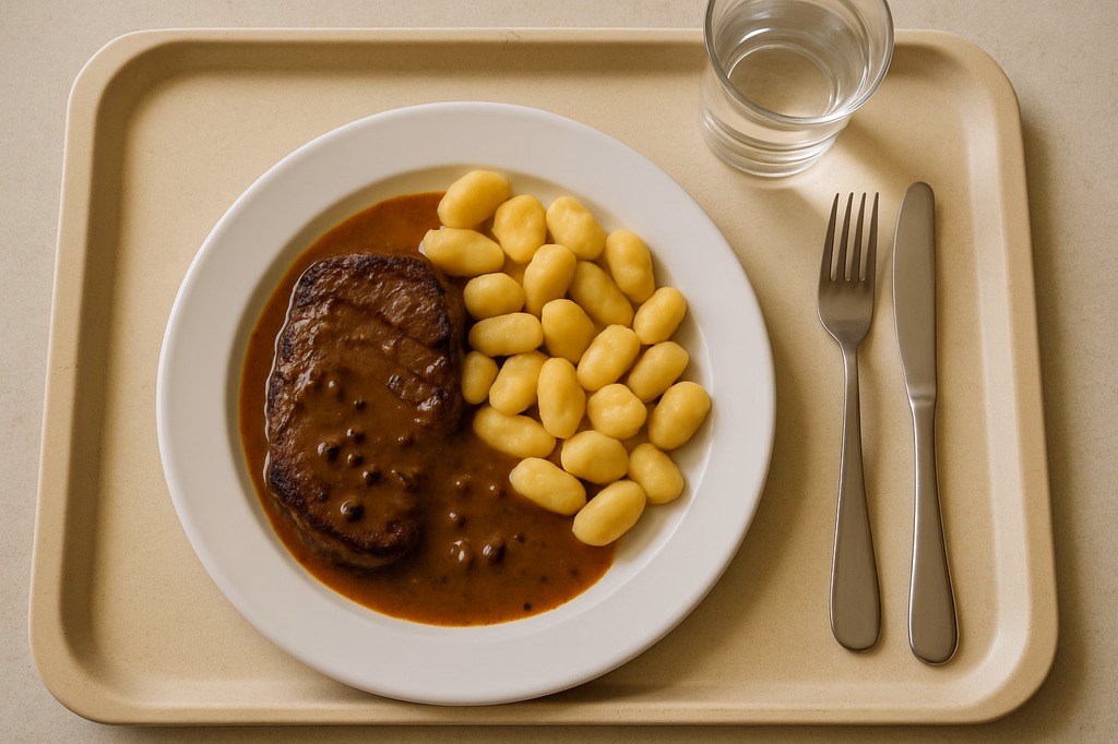 Rumpsteak vom Grill medium gebraten mit Pfeffer Portweinsoße und Gnocchi (AI Generated)