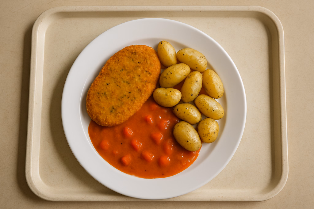 Gebackenes Gemüseschnitzel, dazu Paprikasoße Rosmarinkartoffeln (AI Generated)