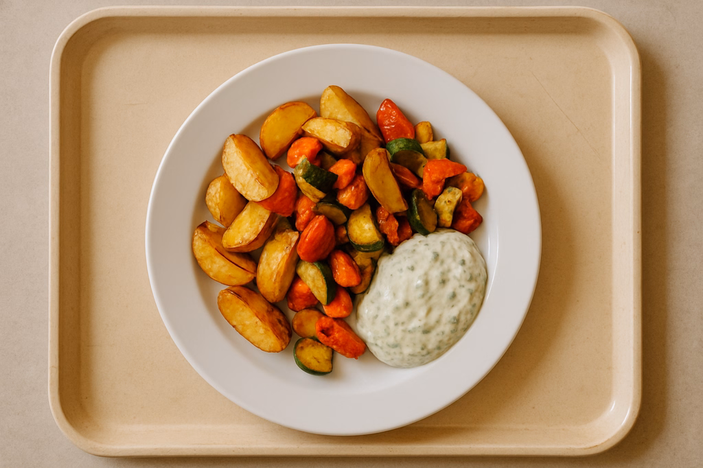 Mediterrane Ofenkartoffeln mit Gemüse und hausgemachtem veganen Kräuterdip (AI Generated)
