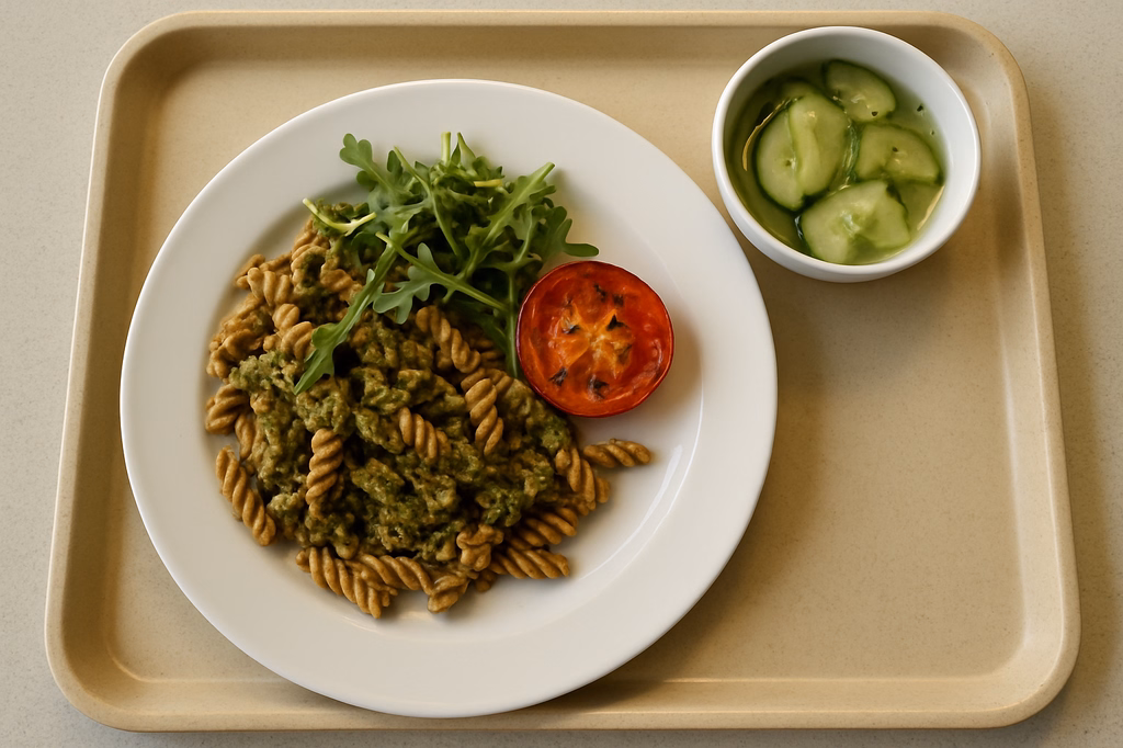 mensaVital: Vollkornnudeln mit Rucola - Nusspesto, Grilltomate und Gurkensalat (AI Generated)