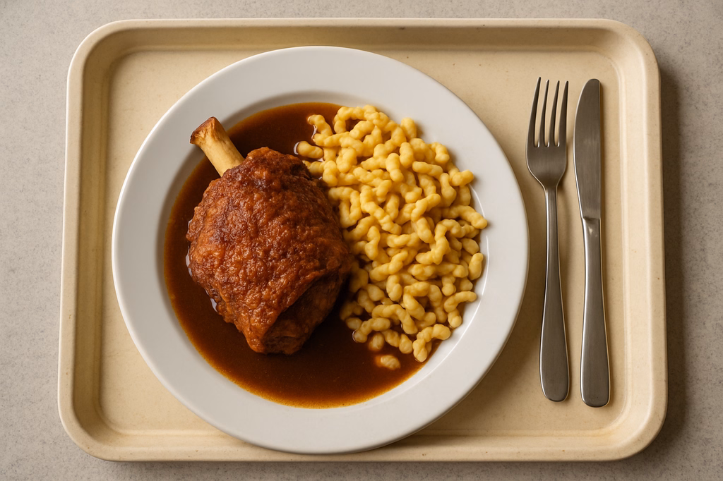 Knuspriges Schweineschäufele mit Bratenjus, dazu Eierknöpfle aus der Pfanne (AI Generated)