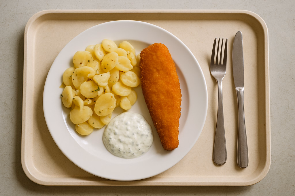 Seelachsfilet gebacken mit hausgemachtem Kräuterdip Kartoffelsalat (AI Generated)
