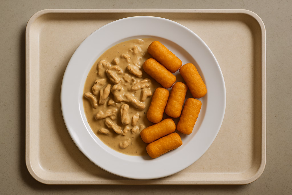 Geschnetzeltes von der Putenbrust Pfefferrahmsoße Kartoffelkroketten (AI Generated)