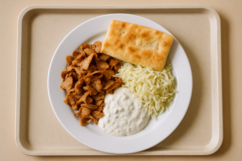 Kebabteller vom Drehspieß mit hausgemachtem Tsatsiki Weißkrautsalat und Fladenbrot (AI Generated)