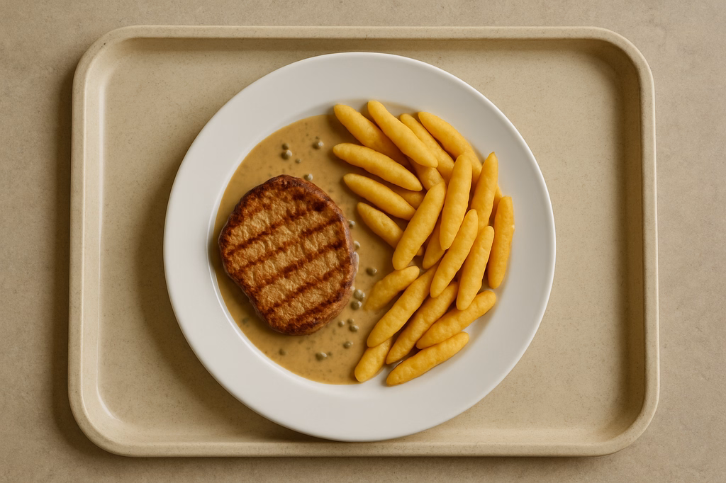 Schweinerückensteak vom Grill, dazu Pfefferrahmsoße Schupfnudeln (AI Generated)