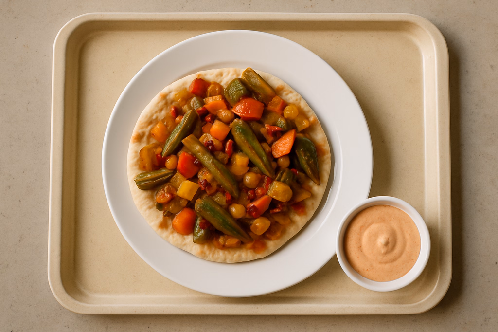 Orientalische Gemüspfanne mit Okraschoten & Berberitzen auf Fladenbrot, dazu veganer Tandoori Dip (AI Generated)
