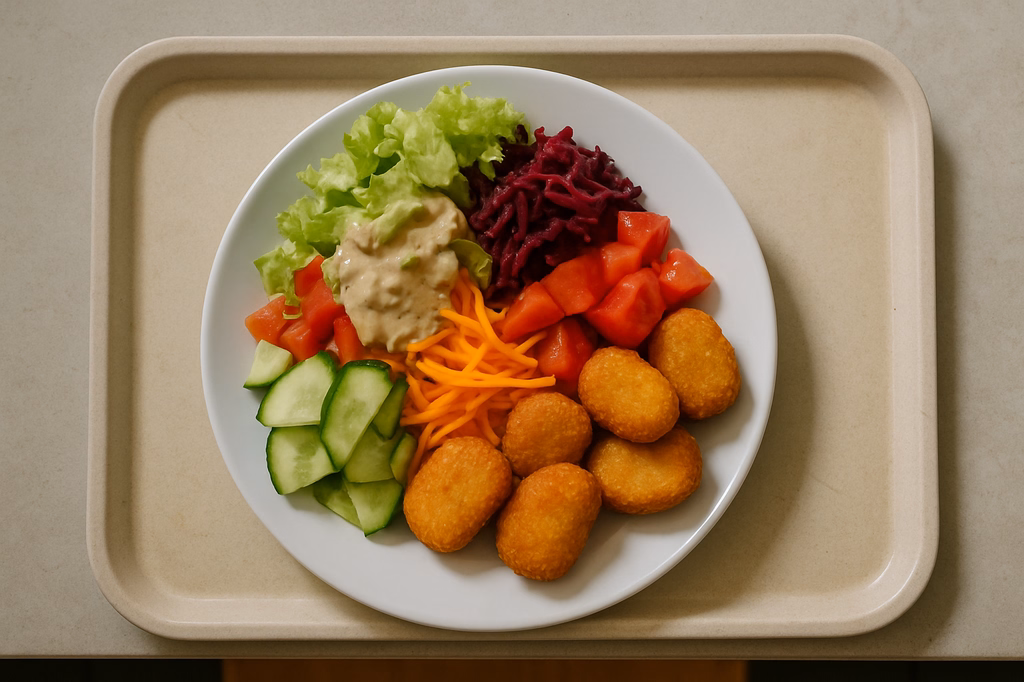 Großer bunter sommerlicher Salatteller mit spicy Chili Cheese Nuggets (AI Generated)