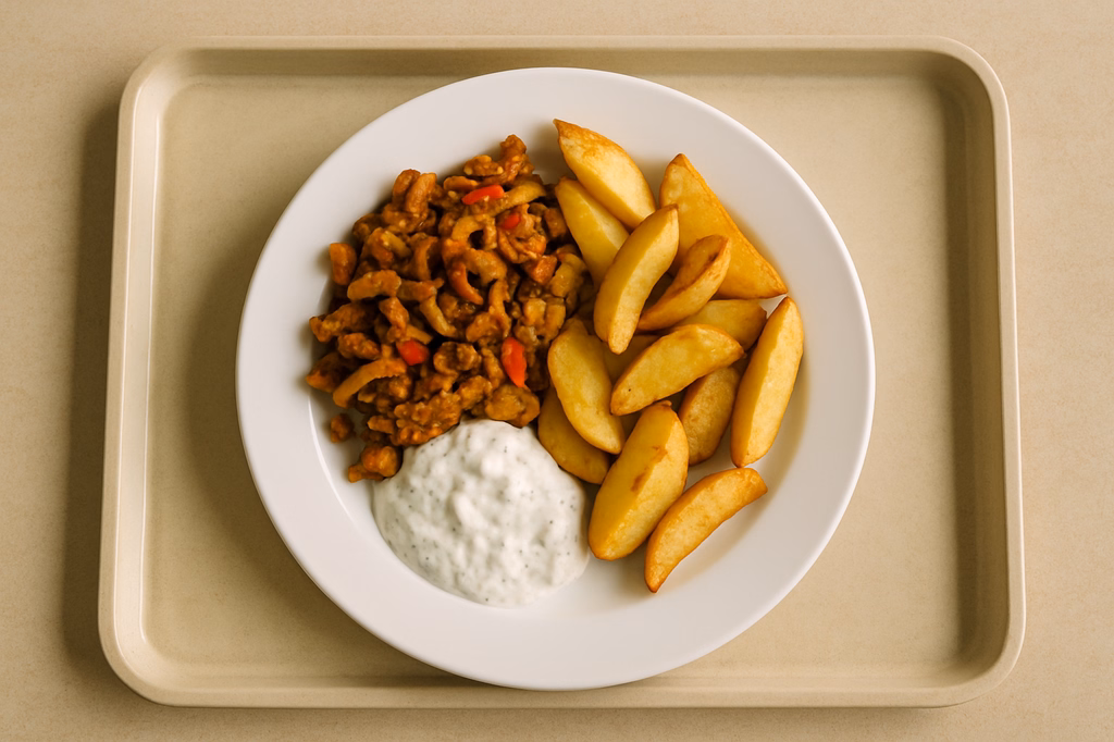 Sojagyros Gemüsepfanne gebackene Patatas Tsatsiki vegan & hausgemacht (AI Generated)