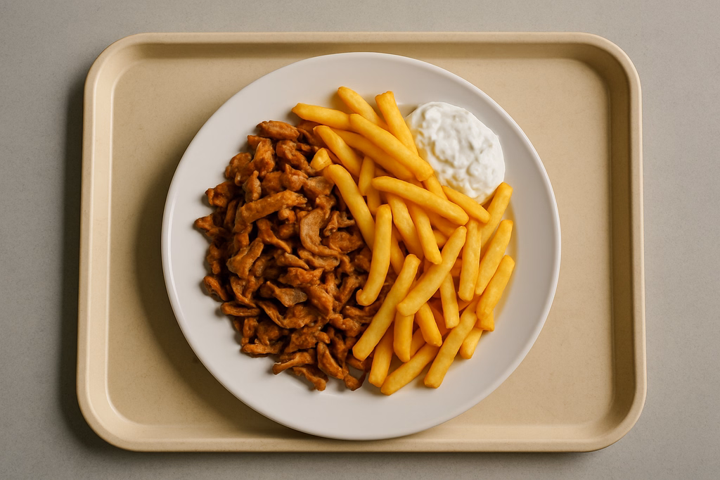 Gyros vom Schwein mit hausgemachtem Tsatsiki Pommes Frites. (AI Generated)