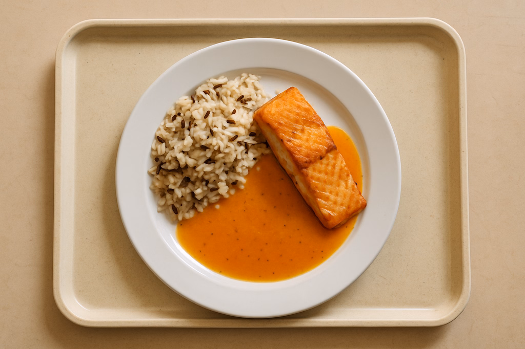 Gebratenes frisches Lachsfilet an Orangen Pfeffersoße Wildreis (AI Generated)