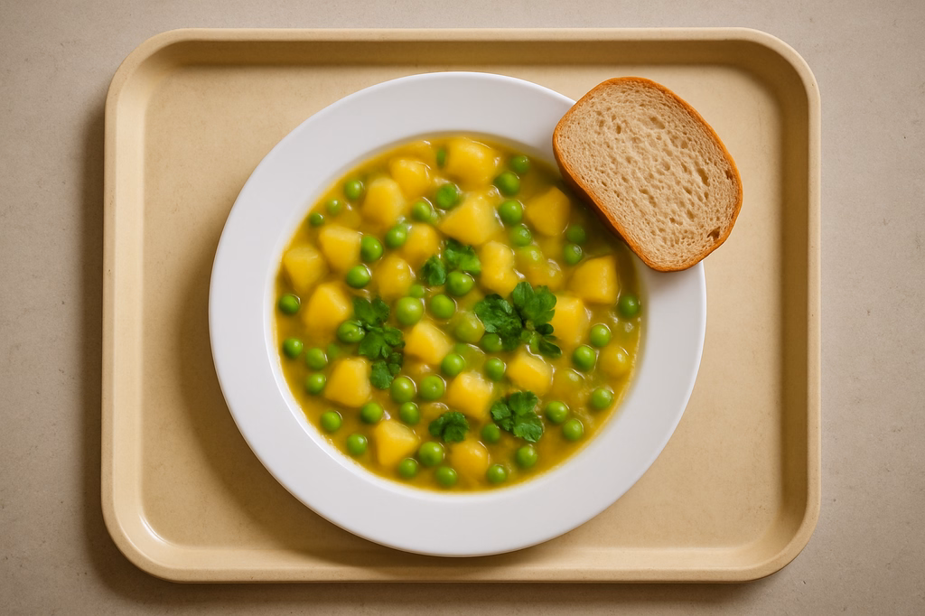 Kartoffel - Erbseneintopf mit Koriander, Minze und Brot (AI Generated)