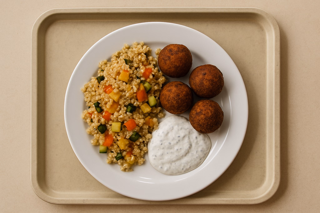 Getreidepfanne mit weißen Quinoa und Falafelbällchen hausgemachter veganer Kräuterdip (AI Generated)