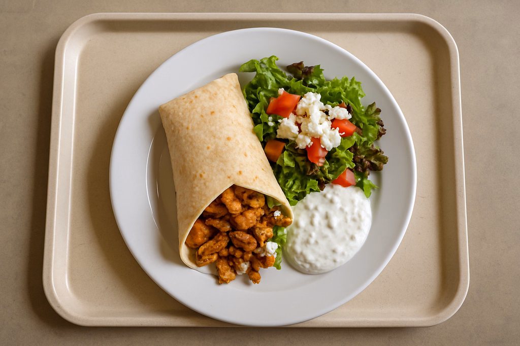 Wrap mit Hähnchenkebab, Hirtenkäse, Salat und mit hausgemachtem Tsatsiki (AI Generated)
