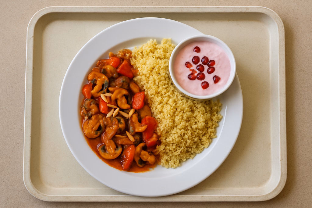mensaVital: Feurige Pilzpfanne mit Paprika und Mandelstiften, dazu Couscous und Granatapfeljoghurt (AI Generated)