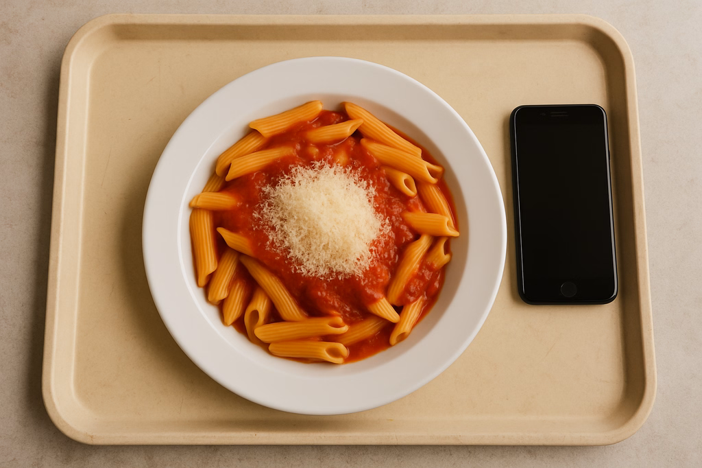 Pasta mit Tomatensoße geriebener Gran Moravia (AI Generated)