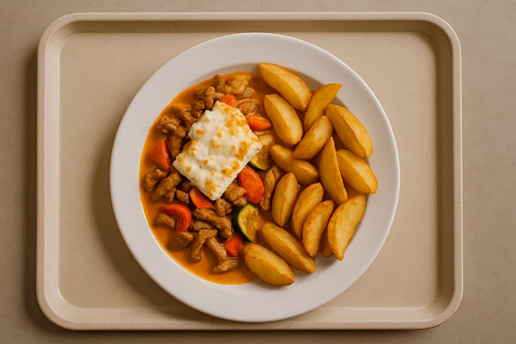 Gyrosteller mit mediterranem Gemüse und Hirtenkäse überbacken in Metaxasoße und gebackenen Patatas (AI Generated)