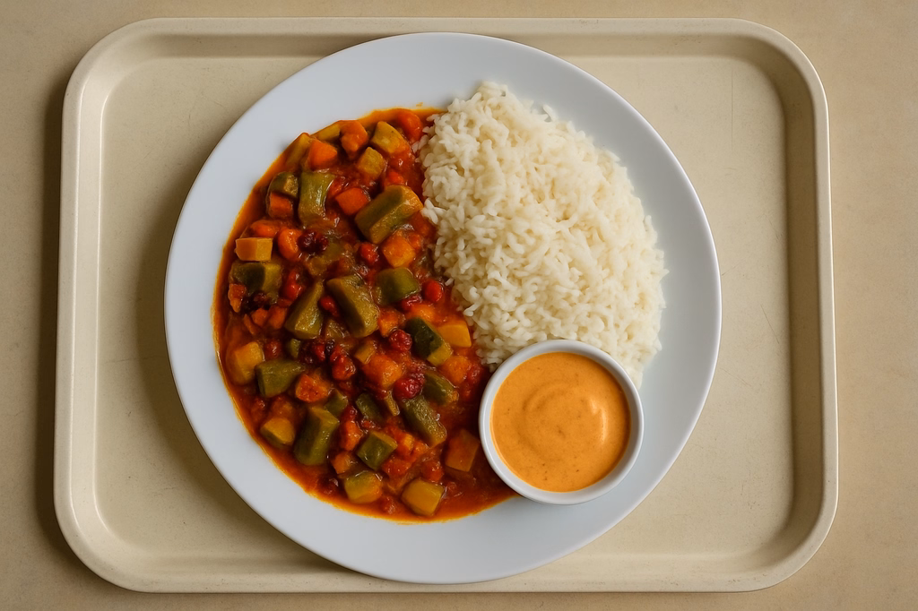 Orientalische Gemüspfanne mit Okraschoten & Berberitzen dazu Reis und veganer Tandoori Dip (AI Generated)