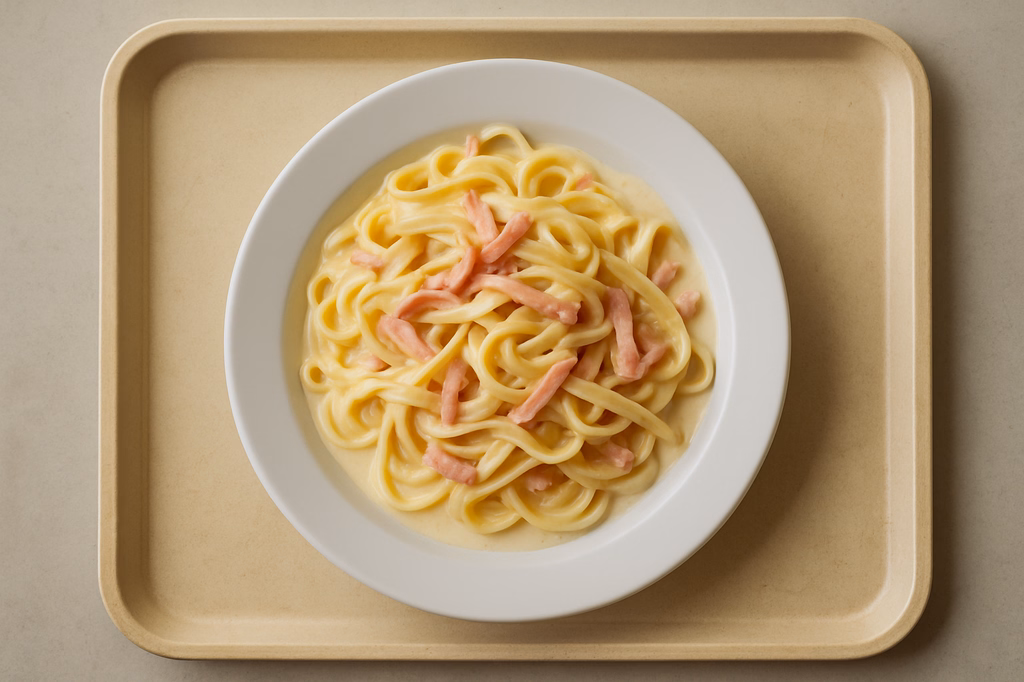 Pasta mit Sahnesoße mit Schinkenstreifen (AI Generated)