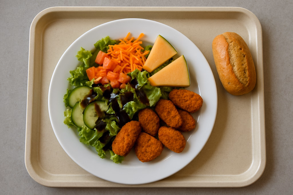 Großer bunter Salatteller mit Melone, Toskana Brötchen Balsamico Dressing und feurigen veganen Plant Chili Nuggets (AI Generated)