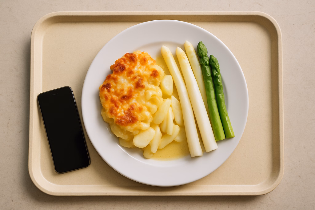 Kartoffelgratin mit frischem weißen & grünen fränkischen Spargel (AI Generated)