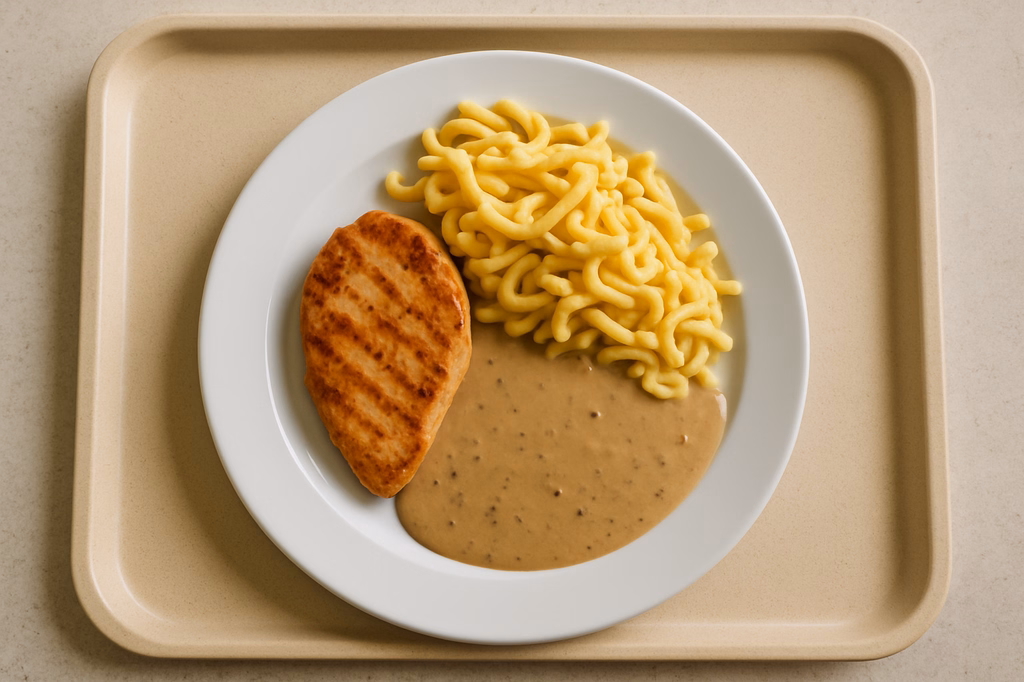 Putenbruststeak vom Grill Butterspätzle aus der Pfanne Pfefferrahmsoße (AI Generated)