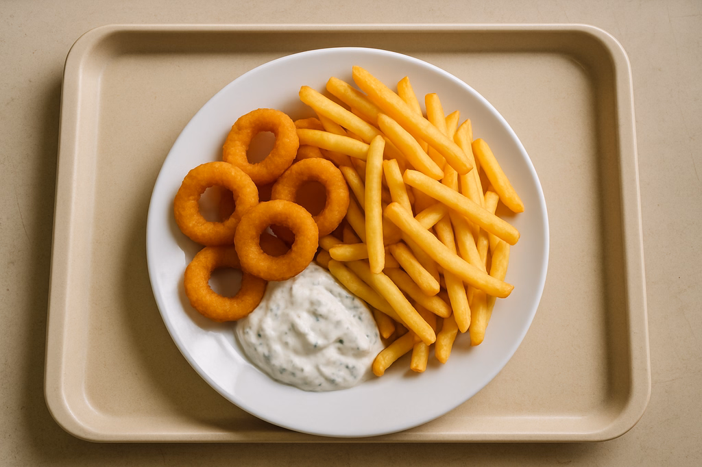 Gebackene Calamaris mit hausgemachtem Tsatsiki Super Crunch Pommes frites (AI Generated)