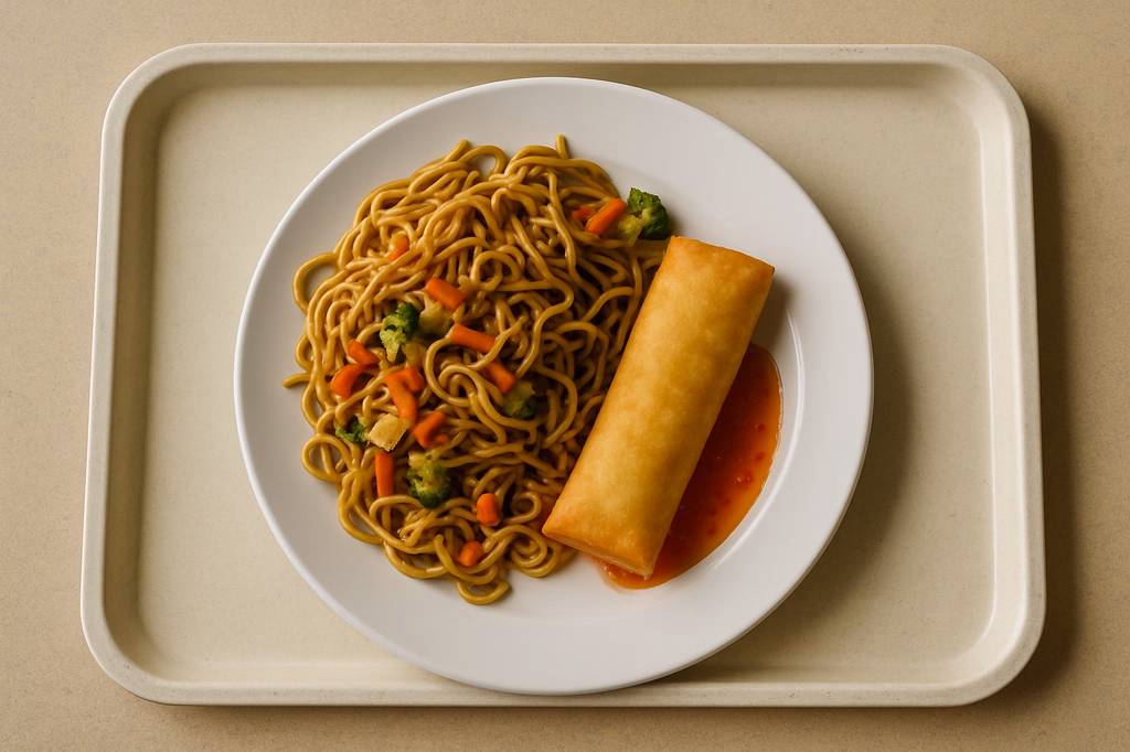 Gebackene Frühlingsrolle mit Sweet Chili Soße Gemüse - Mienudeln "Asia Style" (AI Generated)