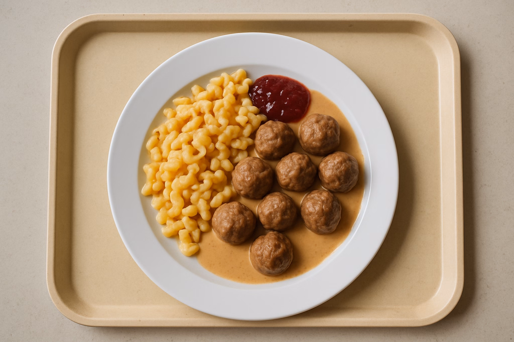 "Köttbullar" feine Hackfleischbällchen mit Preiselbeeren in Rahmsoße Eierknöpfle aus der Pfanne (AI Generated)