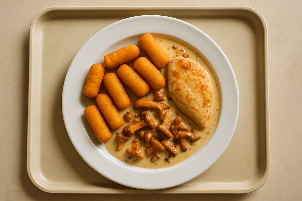 Frische Maishähnchenbrustfilet mit Pfifferlingen in Rahm und Kartoffelkroketten (AI Generated)