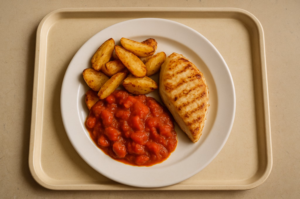 Gegrilltes frisches Maishähnchenbrustfilet gebackene Patatas orientalisches Tomatenragout (AI Generated)
